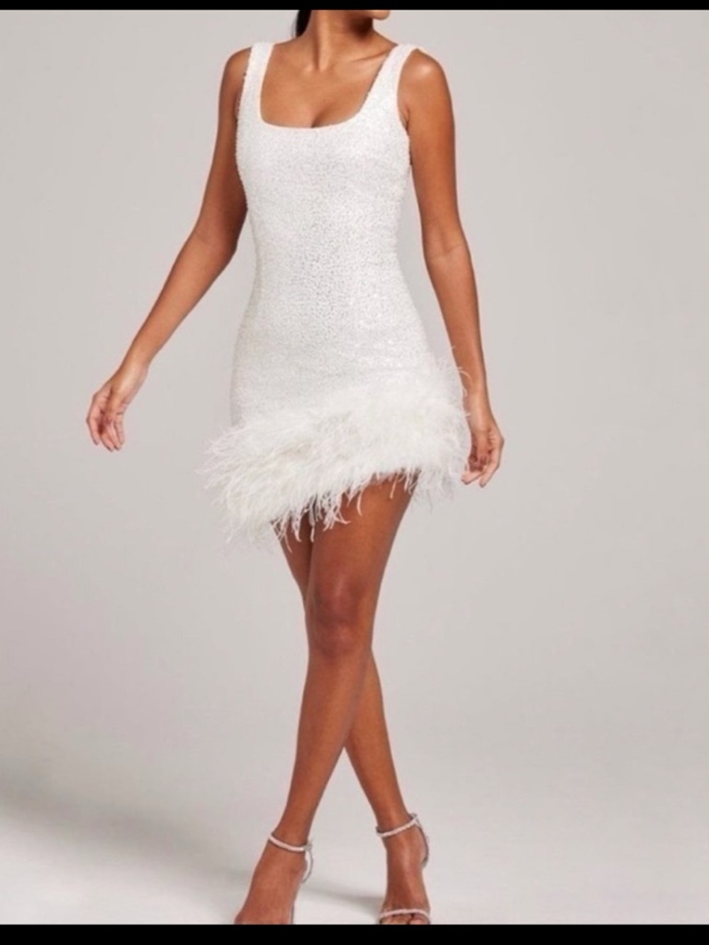 NADINE MERABI White Feather Hem Mini Dress